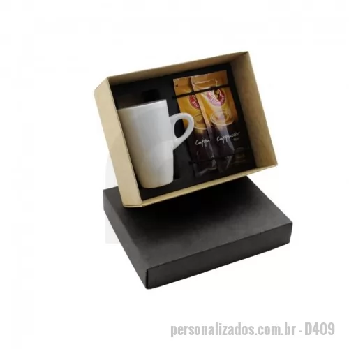 Kit café personalizado - Kit Café personalizado em caixa de papel, 2 Saches Cappuccino 3 Corações 20g e 1 Xícara. Gravação na Xícara e tampa da caixa.