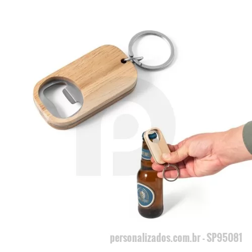 Abridor de garrafa personalizado - Chaveiro em aço inox e bambu com abridor de garrafas. A cor e o resultado da impressão nos materiais naturais pode variar entre produtos. 70 x 30 x 18 mm