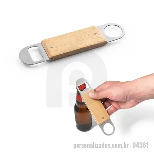Abridor de garrafa personalizado - Abridor de garrafa Personalizado - 94361 - Abridor de garrafas em aço inox com corpo em madeira de faia. Distintivo dos restantes por conter um abridor de um lado e uma argola para facilitar sua arrumação. A cor e o resultado da impressão nos materiais naturais pode variar entre produtos. 40  - 179318 - Abridor de garrafa