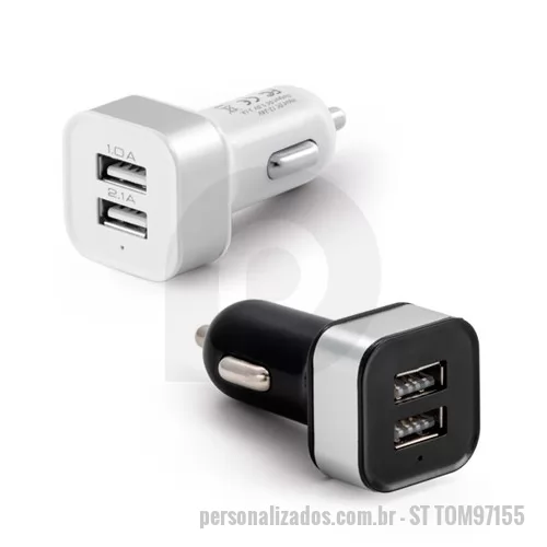 Acessório para carro personalizado - Fabricado em ABS e alumínio a Tomada USB para carros personalizada deve ser ligada na entrada do isqueiro do seu veículo, ela possui duas saídas USB com 5V/1-2.1A. Brinde de baixo custo ele poder ser personalizado em Tampografia