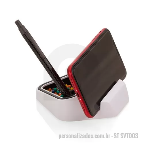 Acessório para celular personalizado - Suporte de Mesa Personalizado para Smartphone, Com design moderno o suporte de mesa personalizado para Smartphone possui porta clips, porta caneta e porta lápis. Brinde útil com preço acessível e boa área para imprimir o logotipo de empresas