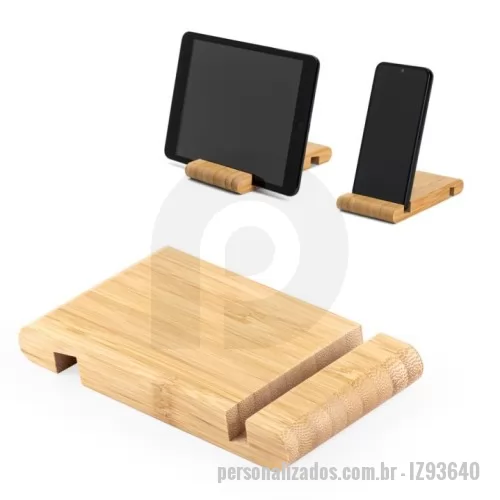 Acessório para celular personalizado - Suporte para celular em bambu, com 2 canaletas de tamanhos diferentes, uma em cada lado. A cor e o resultado da impressão nos materiais naturais pode variar entre produtos. 80 x 130 x 15 mm