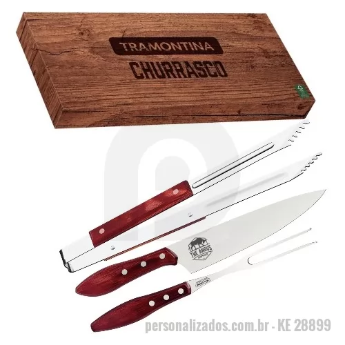 Acessório para churrasco personalizado - Kit churrasco Tramontina cabo de Polywood. Gravação indelével da logo a laser. Um presente útil, com uma apresentação excepcional e extremamente durável, garantindo a visibilidade da sua marca por muitos anos. Despachamos com frete pago para Sul, Sudeste e Centro Oeste.