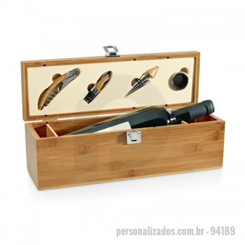 Acessório para vinho personalizado - Conjunto para vinho. Bambu e zinco. Saca-rolhas com canivete de sommelier, gargantilha, salva-gotas com tampa e rolha. 363 x 112 x 119 mm