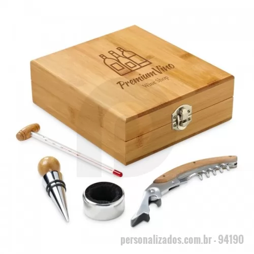 Acessório para vinho personalizado - Conjunto para vinho. Bambu e zinco. Saca-rolhas com canivete de sommelier, termómetro, rolha e gargantilha. 147 x 167 x 54 mm