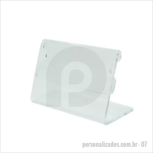 Acrílico personalizado - Porta Preço para Balcão em Acrílico. Em formato L com espaço para posicionar folha.     Com um layout super fácil que se adapta em qualquer ambiente. O nosso porta preço se destaca na sua vitrine.     Produzido em Acrílico 100% Virgem. Muito mais resistente e transparente, não amarela, livre de odores e contaminantes.