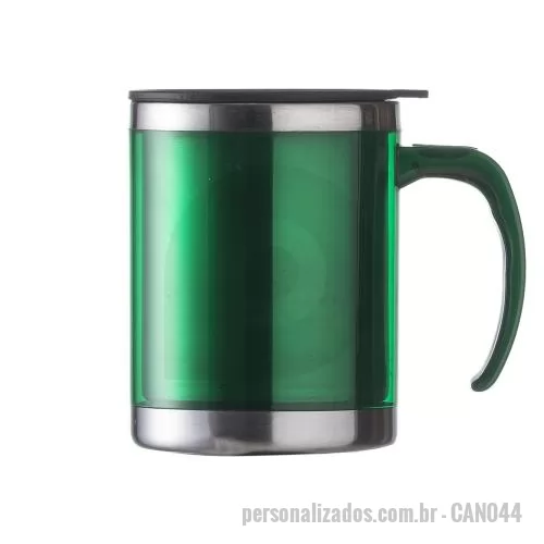 Acrílico personalizado - Com capacidade de 400ml, esta caneca combina corpo em acrílico translúcido, revestimento interno em inox e detalhes metálicos que valorizam o acabamento. O pegador com detalhe oval oferece um toque diferenciado ao design, enquanto a tampa plástica re