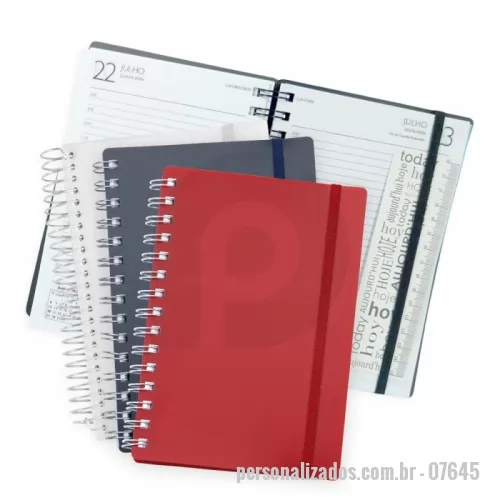 Agenda personalizada -  Agenda diária 2024 com espiral, material plástico com elástico para lacre. Contém folha com bolso duplo, folhas para preenchimento de dados pessoais, calendários 2023 a 2025, planejamento, receitas e despesas mensal, agenda telefônica, mapa do Brasil, mapa mundi e acompanha régua marca página de papel com 15 cm.  Altura :  20 cm  Largura :  14,8 cm  Espessura :  2,1 cm  Medidas aproximadas para gravação (CxL):  19,5 cm x 12,5 cm  Peso aproximado (g):  343