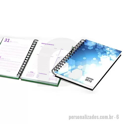 Agenda personalizada - Fabricação própria, agendas personalizados do seu jeito. Permite lâminas de publicidade. Tamanhos 15x21 cm. Capa impressa em 4 cores, miolo de agenda diária impresso em duas cores contendo 4 idiomas, Dados pessoais, contatos telefônicos, mapa mundi colorido completo e calendário dos dois próximos anos. Acabamento em wire-o.