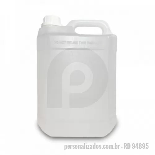 Álcool em gel personalizado - Álcool em Gel Galão 5 Litros 70% antisséptico para higienização a seco das mãos e superfícies. Combate 99,9% dos germes e bactérias e hidrata a pele com solução protetora da pele, diminuindo o impacto do ressecamento provocado pelo álcool. Embalagem transparente em PP. Ideal para desinfetar ambientes profissionais. Instruções de uso: Aplicar o produto diretamente no local a ser higienizado, espalhar e deixar secar, sem enxágue. Não utilizar em superfícies sensíveis ao álcool. Armazenamento: Manter o produto em local arejado, longe do calor e do fogo. Dermatologicamente testado e certificado pela ANVISA. Disponível personalização do frasco com logomarca. 280 x 190 x 140