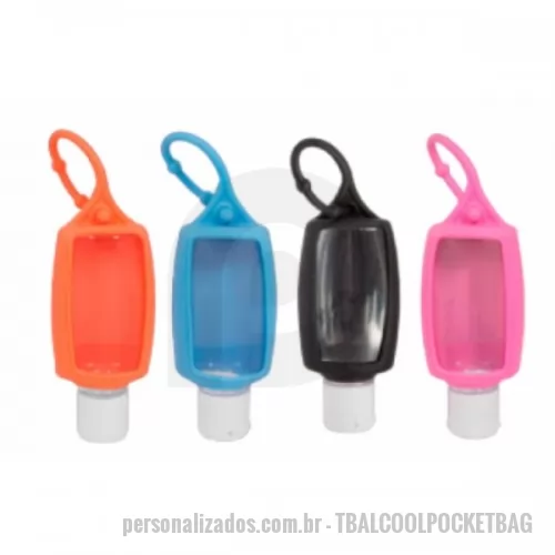 Álcool em gel personalizado - Álcool em Gel 70% - frasco com alça de silicone pocket bag e capacidade para 40ml, com rótulo personalizado sem limite de cores.