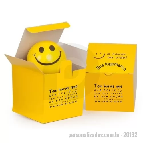 Antiestresse personalizado - 1 Bolinha Anti Stress 19,5cm, 1 Caixa corte e vinco em papel cartão amarela 225gr 7.5x7.5x7.5cm / peso 0.030gr