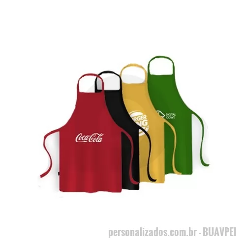 Avental personalizado - Avental Unissex, acabamento em bainha ao redor, produzido em tecido Oxford100% poliéster disponível em cores variadas sob consulta, medindo 60 cm largura x 72 cm de comprimento, alça fixa de pescoço e tiras para amarrar na cintura no mesmo tecido, bolso na cintura medindo 30 cm x 15 cm, personalizado com 1 bordado em cores com até 5.000 pontos e cada peça embalada individualmente em caso plástico.