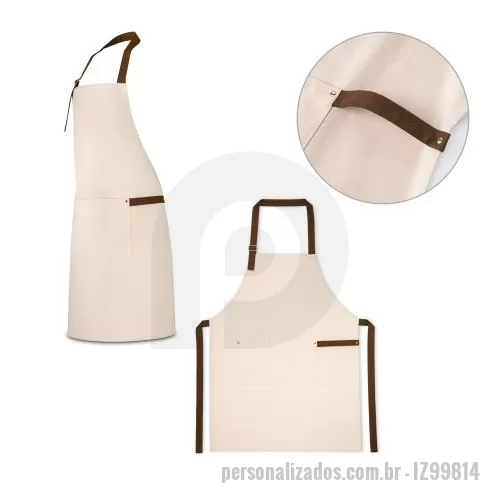 Avental personalizado - Avental 100% algodão canvas (320 g/m²) com detalhes em metal. Com 3 bolsos multifuncionais e uma tira lateral (para suporte de um pano de cozinha). Tira do pescoço facilmente ajustável. 680 x 900 mm