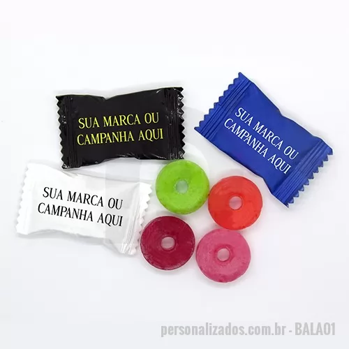 Bala personalizada - Deliciosas balas tradicionais formato redondo com orífício ao centro - Disponíveis nas opções .  Sabores Sortidos ( abacaxi, cereja , limão, framboesa, morango, tangerina e uva)  ou sabores únicos  mel, leite, hortelã, menta ou café - Embalagens flow pack comum ou laminado ENVIE SUA LOGO,  LAYOUT VIRTUAL SEM COMPROMISSO !!  ( validade 2 anos)