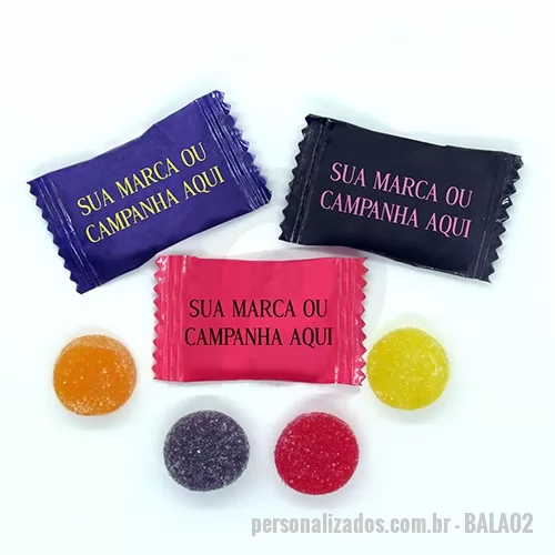 Bala personalizada - Balas mastigáveis goma americana , cobertas com açúcar, disponível em sabores sortidos  uva , cereja, laranja e abacaxi. Embalagens flow pack comum ou laminado ENVIE SUA LOGO, LAYOUT VIRTUAL SEM COMPROMISSO !!  (  Validade 6 meses)