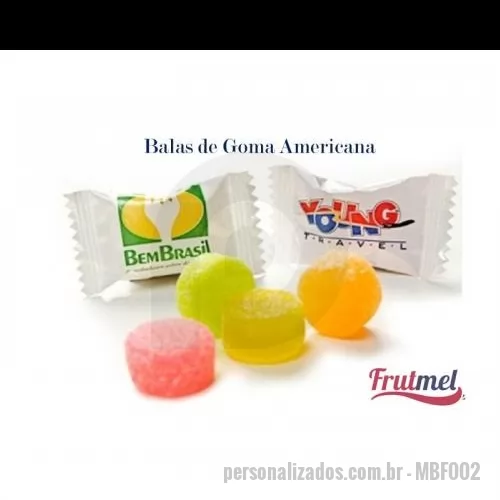 Bala personalizada - BALAS DE GOMA AMERICANA COM EMBALAGEM PERSONALIZADA//  Descrição: Macias e saborosas//  Sabores: Frutas Sortidas Uva, Cereja, Laranja e Abacaxi // Embalagem Comum: Branco Perolado, Chapada, Transparente//  Embalagem Laminada: Brilhante ou Fosca