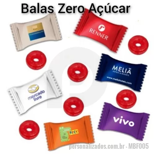 Bala personalizada - Balas Zero Açúcar com Embalagem Individual Personalizada. Sabor Cereja Mentolada. Embalagem especial, individual em polipropileno biorientado (BOPP) com aplicação de película protetora em toda a superficie da  embalagem, processo esse chamado de LAMINAÇÃO.  Impressão flexográfica centralizada e colorida com uso de tintas atóxicas a base de água. Não há limite de cores na impressão, porém, recomenda-se o  máximo de 06 cores. Não existe a cobrança de taxas por quantidades de cores na impressão, também não é o cobrado o clichê. Validade 24 meses.
