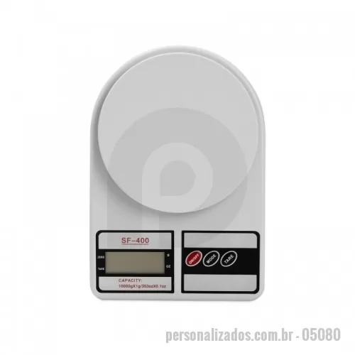 Balança personalizada - Balança Personalizada - 05080 -  Balança digital plástica para cozinha com capacidade até 10kg. Unidade de medidas em gramas, onça (oz) e modo de pesagem tara. Funcionamento através de 2 pilhas AAA - acompanham pilhas teste. - 152985 - Balança