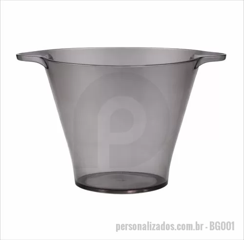 Balde de Gelo personalizado - Balde de gelo com capacidade de 5 litros produzido em poliestireno resistente, com estrutura leve e durável, dimensões aproximadas de 22,3 cm de diâmetro superior, 20,3 cm de altura e 15,7 cm de diâmetro na base, contando com alças laterais integrada