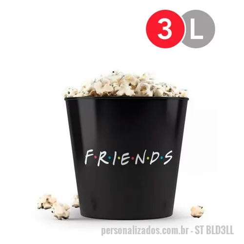 Balde de pipoca personalizado - Balde de pipoca preto personalizado, conta com capacidade de 3 litros, boa área para impressão do logotipo de empresas e ótimo custo. Ideal para promover o lançamento de marcas e atrair novos clientes