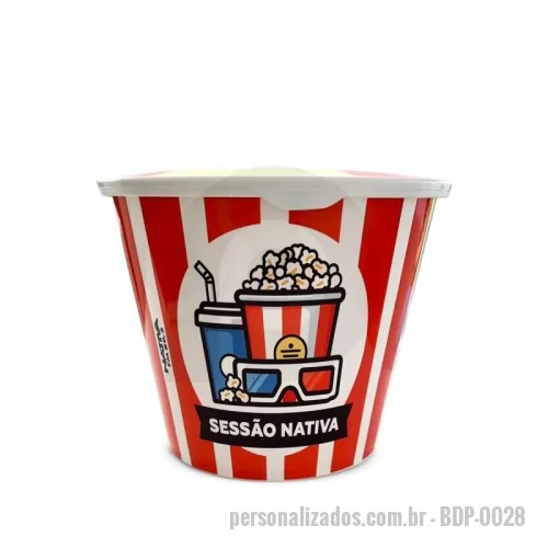 Balde de pipoca personalizado - Balde de pipoca 2 litros In Mold Label. Altura: 13cm, diâmetro da base: 11cm e diâmetro boca superior: 16cm. Material: PP