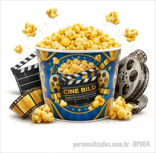 Balde de pipoca personalizado - Balde de pipoca com capacidade de 1,6 litro, produzido em polipropileno, com peso aproximado de 55 gramas, altura de 11,7 cm, diâmetro da boca de 15,5 cm e base de 11,9 cm, com aplicação de gravação IN MOLD LABEL integrada ao corpo, garantindo acabam