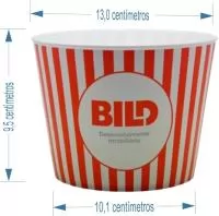 Balde de pipoca com capacidade de 1 litro, produzido em polipropileno, com peso aproximado de 36 gramas, altura de 10,0 cm, diâmetro da boca de 13 cm e base de 10,1 cm, com aplicação de gravação IN MOLD LABEL integrada ao corpo, garantindo acabamento