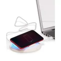 Carregador personalizado sem fio para celular, ele possui luz ambiente azul, vermelho e verde e tecnologia QI. Compatível com aparelhos que tenham disponível esse tipo de carregamento. Brinde tecnológico com boa área de impressão. Ideal para divulgar