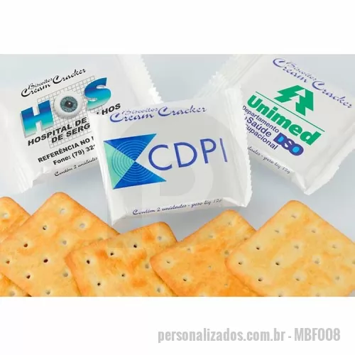 Biscoito personalizado - Biscoito Cream Cracker tradicional ou integral com Embalagem Individual Branco pérola ou Branco perola chapado Personalizada. Cada Embalagem contém 2 Biscoitos. Impressão flexográfica centralizada e colorida com uso de tintas atóxicas a base de água. Não há limite de cores na impressão, porém, recomenda-se o  máximo de 06 cores. Não existe a cobrança de taxas por quantidades de cores na impressão, também não é o cobrado o clichê.  Produção mínima 1.000 Embalagens com a mesma Arte impressa. Validade  6 meses. P