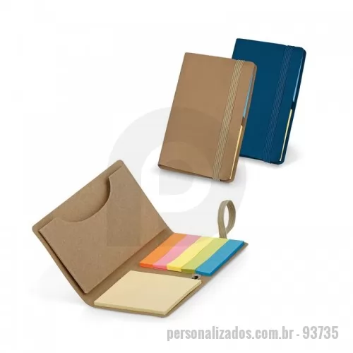 Bloco adesivado ecológico personalizado - Bloco de anotação confeccionado com material ecológico e adesivados contendo 22 folhas cada 6 blocos cada, com suporte para cartões de visita na medida de 104 x 65 x 5 mm