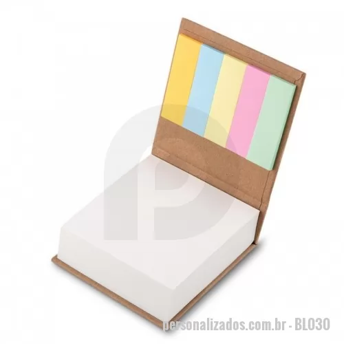 Bloco adesivado ecológico personalizado - Bloco de anotações com 200 folhas brancas e 5 blocos autocolantes coloridos