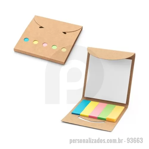 Bloco adesivado ecológico personalizado - Conjunto de anotações personalizado em papel 100% reciclado, composto por 6 blocos adesivos. Possui 1 bloco branco com 20 folhas e 5 blocos adesivos coloridos com 20 folhas cada, ideais para recados, lembretes, organização e marcação de páginas. Compacto, leve e funcional, é excelente para brindes corporativos, escritórios, treinamentos, eventos, feiras, kits de onboarding e campanhas sustentáveis. O formato dobrável protege os blocos e facilita o transporte. Pode ser personalizado com logotipo ou identidade visual da empresa, tornando-se um brinde útil, econômico e com boa exposição de marca. Medidas aproximadas: aberto 20,5 x 8,5 cm; fechado 8,5 x 8,5 cm.