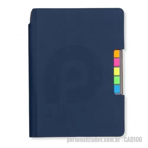 Bloco adesivado personalizado - Caderno de anotações, com sticky notes, capa em material Sintético, miolo 80 folhas pautadas na cor bege.