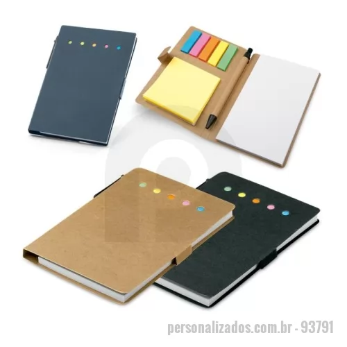 Bloco adesivado personalizado - 6 blocos adesivados com 25 folhas cada e capa em papel kraft reciclado. Incluso caderno com 50 folhas lisas e esferográfica em papel kraft reciclado. Escrita em azul. 100 x 150 mm
