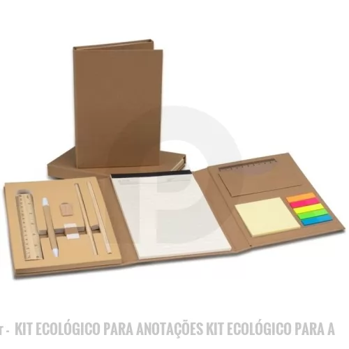 Bloco Anotações personalizado - Kit ecológico para anotações, com capa kraft. Contém bloco pautado com aproximadamente 40 folhas marfim, bloco autoadesivo com aproximadamente 25 folhas amarelas, conjunto de 5 marcadores plásticos autoadesivos com aproximadamente 25 folhas, régua plástica 10 cm, régua de madeira 15 cm, borracha, apontador, dois lápis e uma caneta esferográfica azul 1.0mm com acionamento por clique.