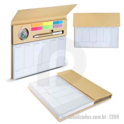 Bloco Anotações personalizado - Mini caderno em papel Kraft, contendo:  Bloco de Planejamento Semanal em português, com 100 folhas; 6 Sticky notes coloridos; 1 Caneta de Papelão; Acompanha clipes coloridos.Dimensão do Produto: 20x24,8x1,5cm (AxLxP) Dimensão do produto: 14xø0,9cm (Caneta) (AxøD)