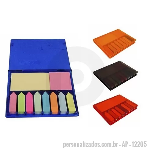 Bloco Anotações personalizado - Bloco de anotações plástico inteiro colorido com post-it. Possui 8 mini blocos auto-colantes com aproximadamente 100 folhas, um bloco médio com 100 folhas e bloco maior também com 100 folhas. Gravação em Silk.