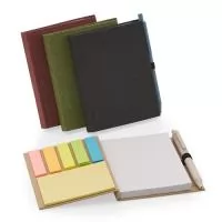 Bloco de anotações em papelão reciclado com capa dura, miolo com 100 folhas, sticky notes e miolo sem pauta na cor branca.- NÃO ACOMPANHA A CANETA