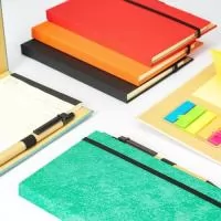Descrição: Bloco de anotações com capa dura revestida em papel especial e fita elástica para fechamento. Possui cerca de 80 folhas pautadas, além de um bloco com aproximadamente 20 folhas autoadesivas amarelas e por volta de 100 marcadores de página autoadesivos, divididos em cinco cores diferentes. Acompanha uma caneta esferográfica com carga azul de 1.0mm e acionamento por clique, corpo em papelão e demais componentes em plástico.  Largura :  13 cm  Espessura :  1,4 cm  Comprimento :  18 cm  Medidas aproximadas para gravação (CxL):  18 cm x 9,5 cm (capa) - 0,8 cm x 10 cm (caneta)