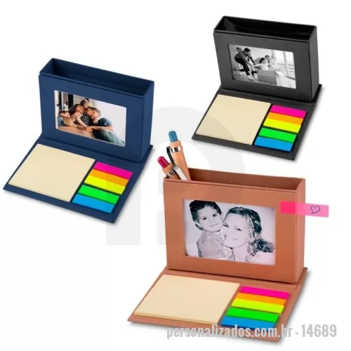 Bloco ecológico personalizado - Bloco de anotações ecológico com autoadesivos, porta caneta e porta retrato. Contém conjunto de cinco bloquinhos autoadesivos coloridos, bloco autoadesivo para anotações , porta canetas e porta retrato.
