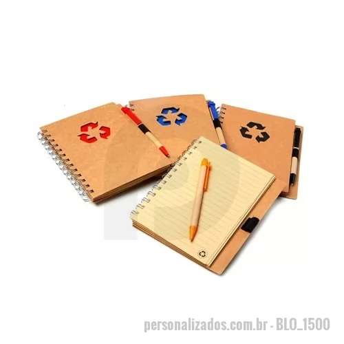 Bloco ecológico personalizado - Bloco de Anotações ecológico com caneta ecológica. 80 folhas. Material reciclado.  Personalização em silkscreen até 02 cores.