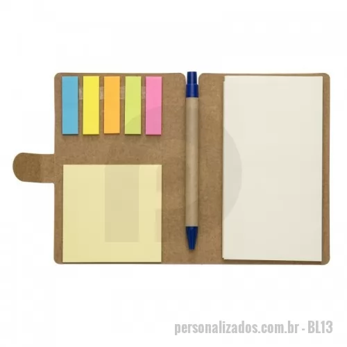 Bloco ecológico personalizado - Bloco de anotação de material reciclado com post-its coloridos e caneta (70 folhas)