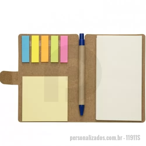 Bloco ecológico personalizado - Bloco de anotações ecológico, material em kraft. Possui uma trava na própria capa, cinco blocos auto-colantes coloridos com aproximadamente 25 folhinhas , bloco de post-it amarelo com aproximadamente 25 folhas e bloco grande com aproximadamente 70 folhas.