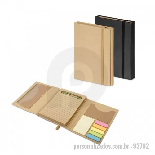 Bloco personalizado - Bloco Personalizado - 93792 - Kit para escritório em cartão. Composto por caderno (80 folhas pautadas em papel reciclado), 6 blocos adesivados (25 folhas cada), 1 régua de 12 cm, 1 esferográfica em papel kraft e suporte para cartões de visita. 110 x 153 mm - 133307 - Bloco