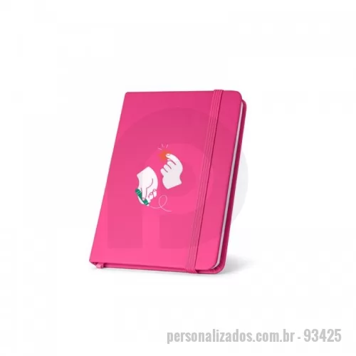 Bloco personalizado - Caderno de bolso com 80 folhas lisas, capa dura em c. sintético, fita separadora e elástico. 90 x 140 mm