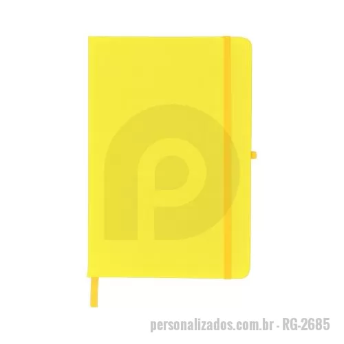Bloco personalizado - Caderneta emborrachada com porta caneta elástico em nylon, marcador de página em cetim e fita elástica de nylon para fechar. Contém aproximadamente 80 folhas pardas sem pauta.
