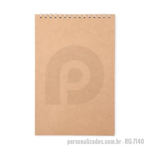 Bloco personalizado - Bloco de anotações com capa em papel kraft e encadernação Wire-O. Possui aproximadamente 51 folhas marfim sem pauta.