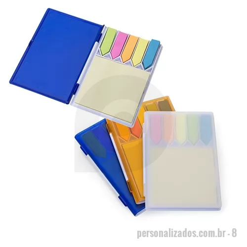 Bloco personalizado - Bloco de anotações plástico com post-it, capa colorida e base branca. Possui cinco bloquinhos auto-colantes com aproximadamente 50 folhas cada e um bloco maior com folhas amarelas sem pauta, aproximadamente 50 folhas.