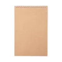 Bloco de anotações com capa em papel kraft e encadernação Wire-O. Possui aproximadamente 51 folhas marfim sem pauta.